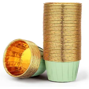 50pcs 3.5oz Muffin Cupcake Liners Disposable Ramekins, Aluminum Foil Wrappers Paper Dessert Containers Mini Cheesecakes Holders for Birthday Wedding Party Light Green/Gold