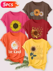 5Pcs Women's Crew Neck T-Shirts, Sunflower & Butterfly Slogan Print Set, Multiple Colors Available, Machine Washable, Spring & Summer Tops, Soft Skin-Friendly Fabric, Daily Versatile, Fashion Design