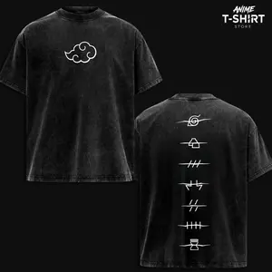 Retro Limited Akatsuki Clan Logo Washed T shirt - Naruto Anime Unisex Oversize Heavyweight Cotton Graphic Tee T-Shirt, Naruto Fan, Casual Oversized C6Q