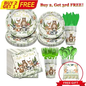 168pcs Safari Jungle Themed Birthday Party Supplies For 24 Guests, Tableware Set With Paper Plates, Cups, Tablecloth, Backdrop Banner, Napkins, Knives And Forks For Baby Shower Decorations