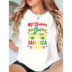 Women's 40th Birthday Girl Jamaica 2024 T - Shirt, Jamaica Flag Colors Palm Tree Maracas Print, Birthday Party Vacation Casual Tee for Ladies 100% Cotton T-shirt