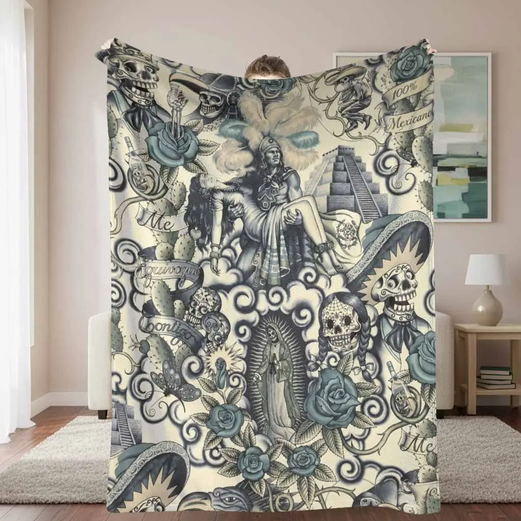 Mexican Culture Flannel Fabric Throw Blanket - Aztec Theme Sugar Skull, Aztec Warrior Prints, Lightweight Weave, Multi-Size, Super Soft Warm Cozy Wrap, Living Room Decor, Ideal for Couch, Bed, Unique Holiday Birthday Gift