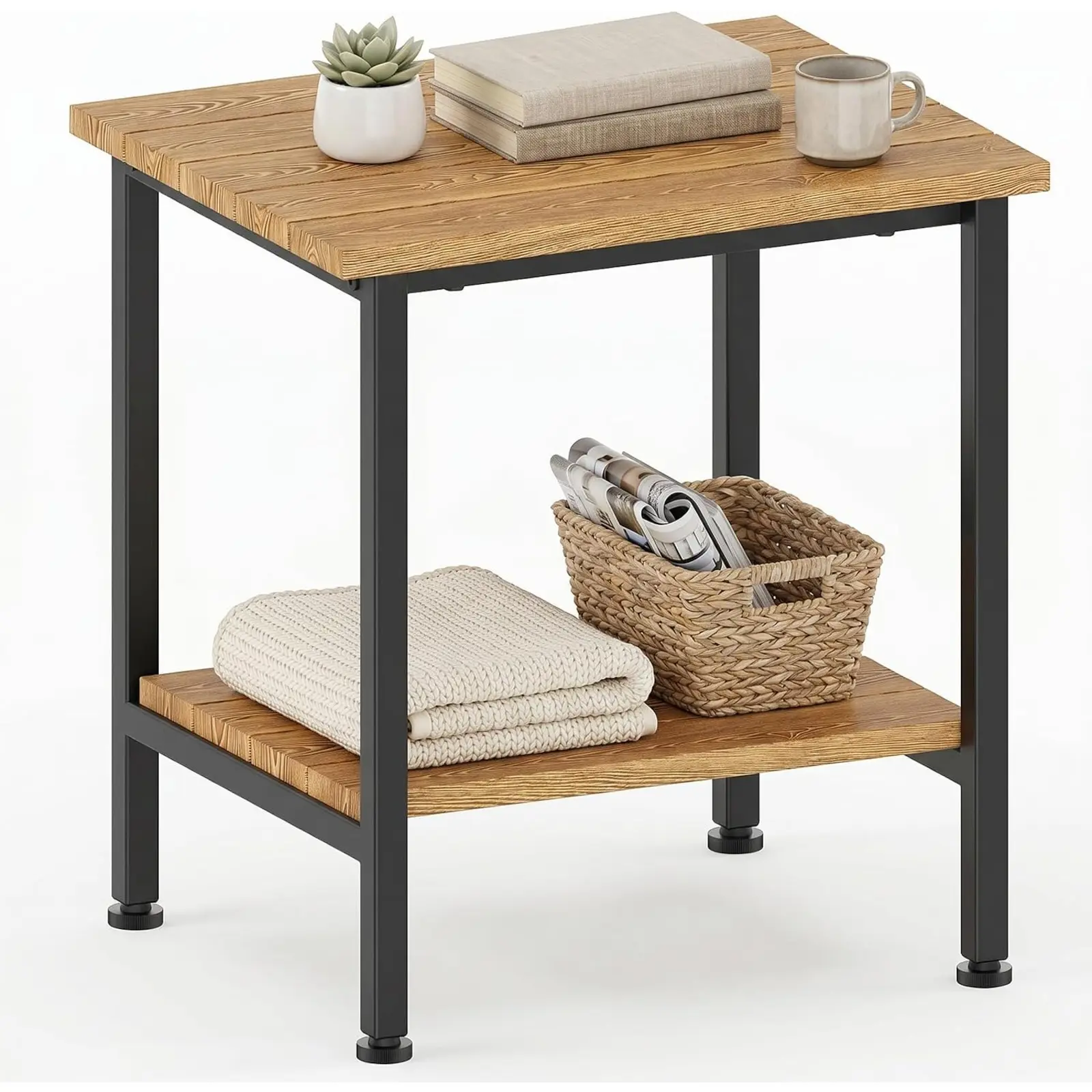 2-Tier Square Outdoor Side Table with Storage - Outdoor End Tables for Patio, Home Organizer Storage Holder for Garden Balcony, Square Shape