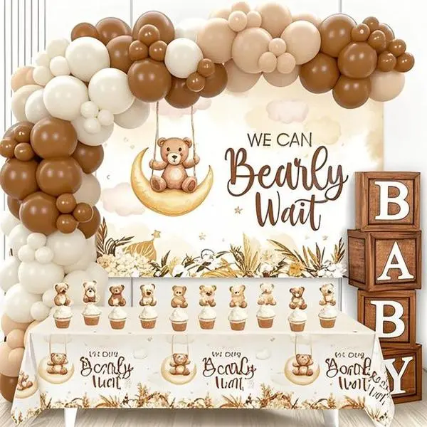 Unisex Boho Party Decor Kit - 114pcs Thick and Sustained Large Wooden Waterproof Reusable Food Grade Stain-Resistant Supplies, Including Balloons, Backdrop, Cake Topper, Tablecloth, Letter Boxes, Photo Props for Birthday, Baby Shower