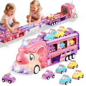 7 In 1 Unicorn Car Toy Foldable Carrier Truck With Lights Music Small Princess Cars Ideal Gift For 1-5 Years Old Little Girls