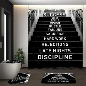 1/4-piece set of slogan-patterned bathroom shower curtain and mat set, including 12 hooks, non-slip bathroom mat, non-slip toilet U-shaped mat, toilet seat cover, and bathroom partition, suitable for home decor, Shower Essentials, Bathroom Supplies