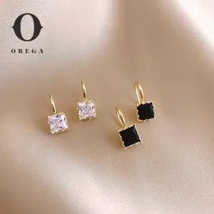 Square Crystal Stone Earrings Copper Material in Gold Plated Clear Black Crystal Stone Fish Hook Earring Women Hot Jewelry
