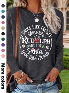 Women's Christmas Casual Letter Print Long Sleeve Round Neck T-Shirt, Soft Comfortable Fabric, Available in 10 Colors