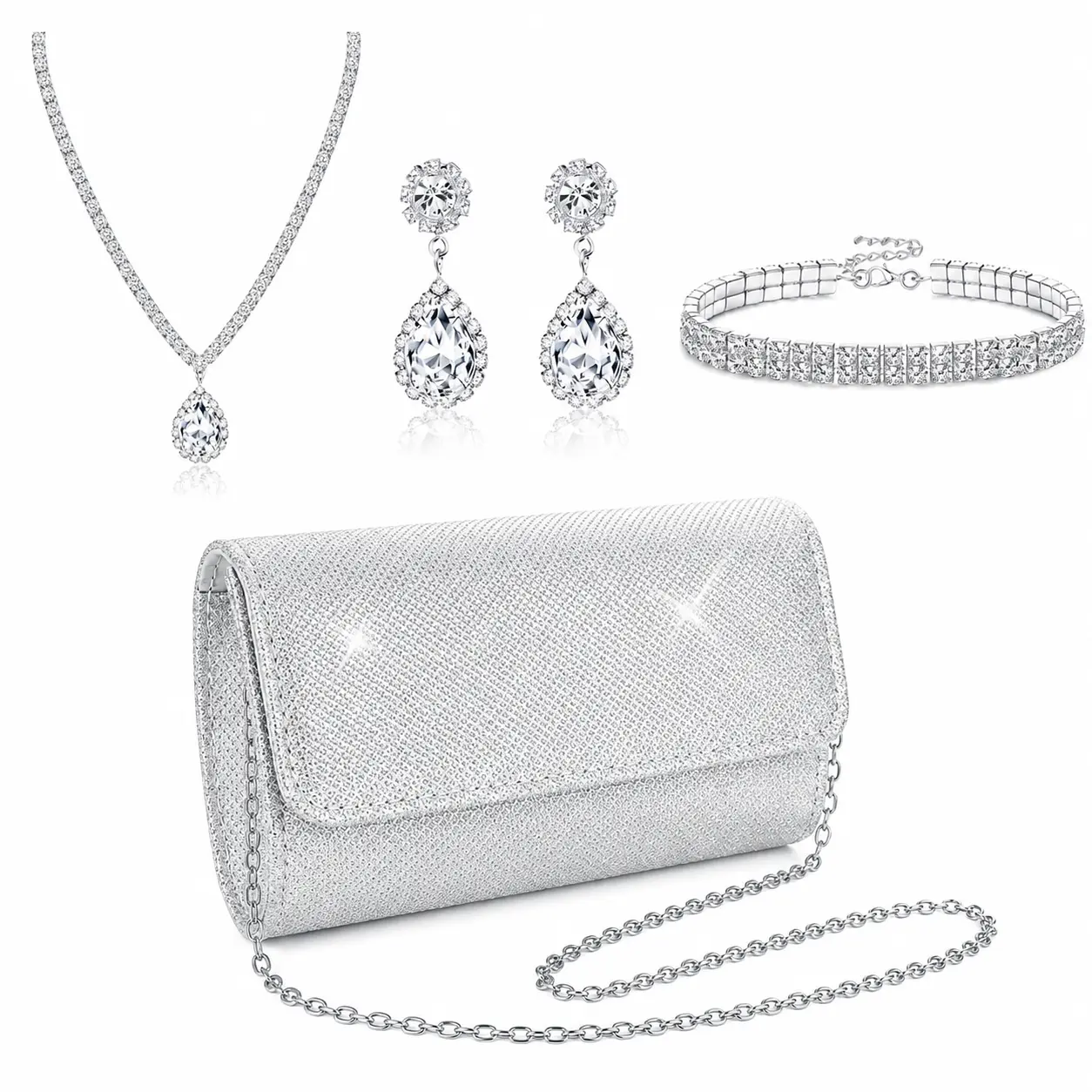 4Pcs Silver Accessories Set for Bride - Large Capacity Evening Purse with Adjustable Necklace & Bracelet - Premium Rhinestone Jewelry Kit for Birthday & Anniversary
