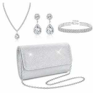 4Pcs Silver Accessories Set for Bride - Large Capacity Evening Purse with Adjustable Necklace & Bracelet - Premium Rhinestone Jewelry Kit for Birthday & Anniversary