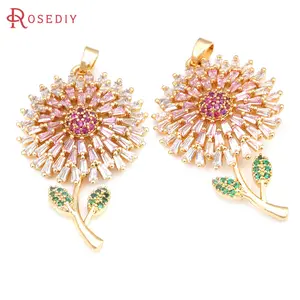2PCS 18K Gold Color Brass and Zircon Flower Necklaces Charms Pendants  Jewelry Making Supplies Accessories for Women