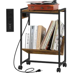 CD & DVD Racks,Magazine & Newspaper Holders,Record Player Stand with Vinyl Storage End Table with Charging Station Industrial Record Player Table Holder Turntable Stand with Record Storage, Rustic Brown