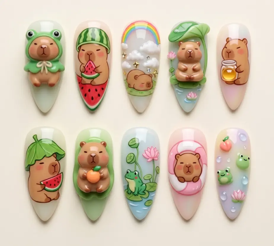 Kawaii Capybara Frog Press On Nails with 3D Watermelon, Lotus, Rainbow, Honey Jar & Pond Art, Cute TikTok Handmade Nail Set