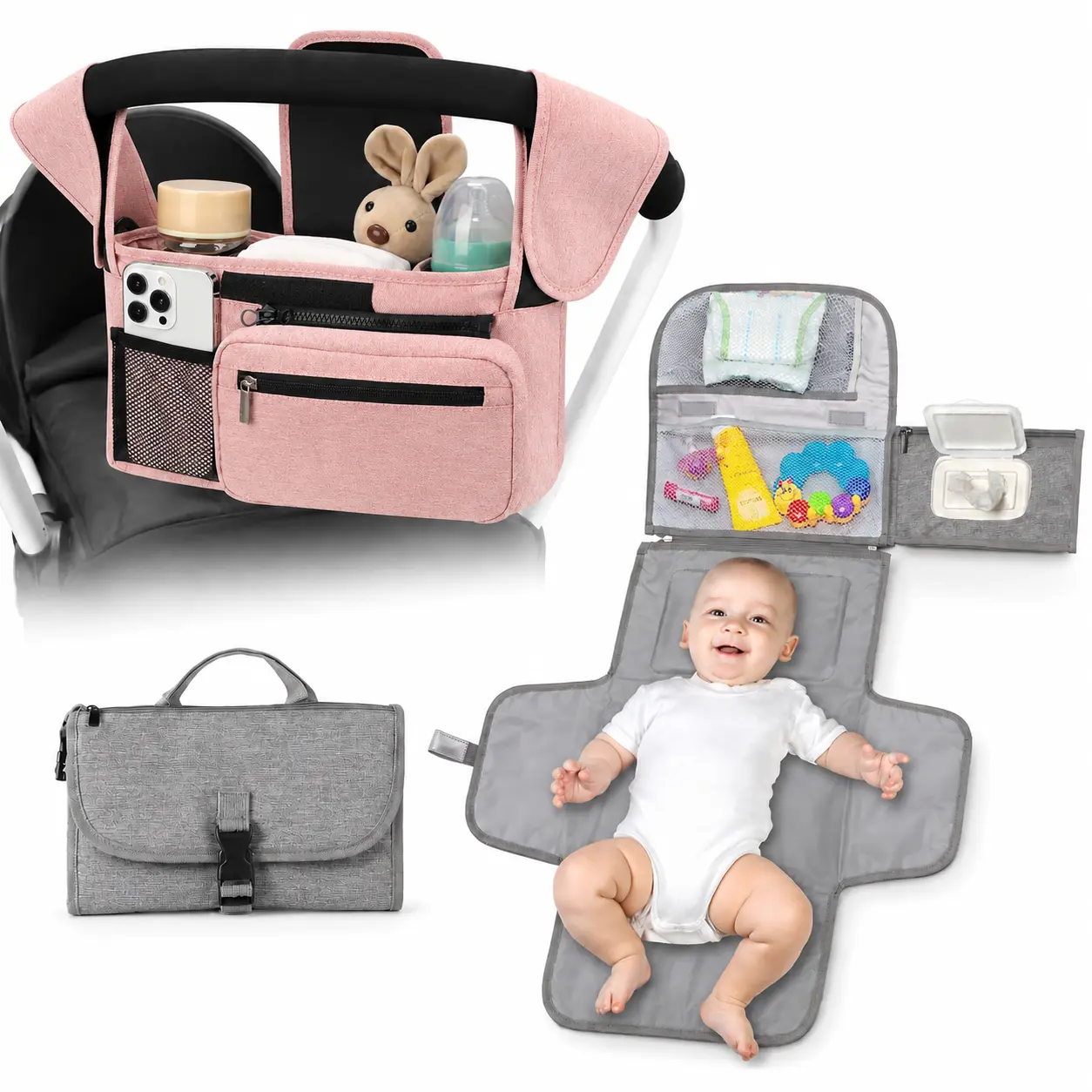 Stroller Organizer with Insulated Cup Holder, Detachable Phone Bag & Shoulder Strap, Multi-Pocket Baby Stroller Caddy Parent Console, Fits Most Uppababy, Baby Jogger, Britax, BOB & Umbrella Strollers