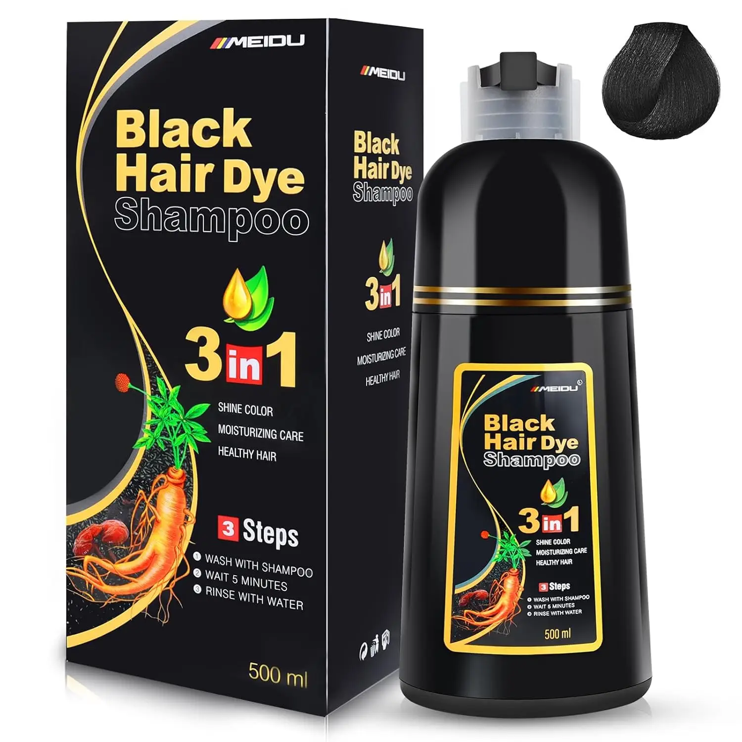 MEIDU Black Hair Dye Shampoo 3 in 1 - Herbal Ingredients Can cover gray hairs,Contains Ginseng Extract,Natural Haircoloring