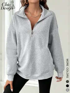 2026 Spring Summer European Style Loose Long Sleeve Sweatshirt, Half Zip Casual Turn-Down Collar Fashion Sport Waist Cinch Sweatshirt