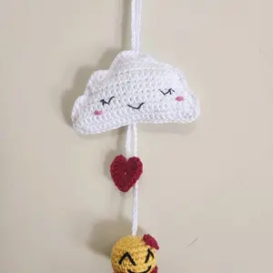 Beautiful Cloud Pendant with Heart and Heart Face - Handcrafted 100% Cotton Crochet Fabric, Ideal for Car Mirrors, Bags, and Personal Items
