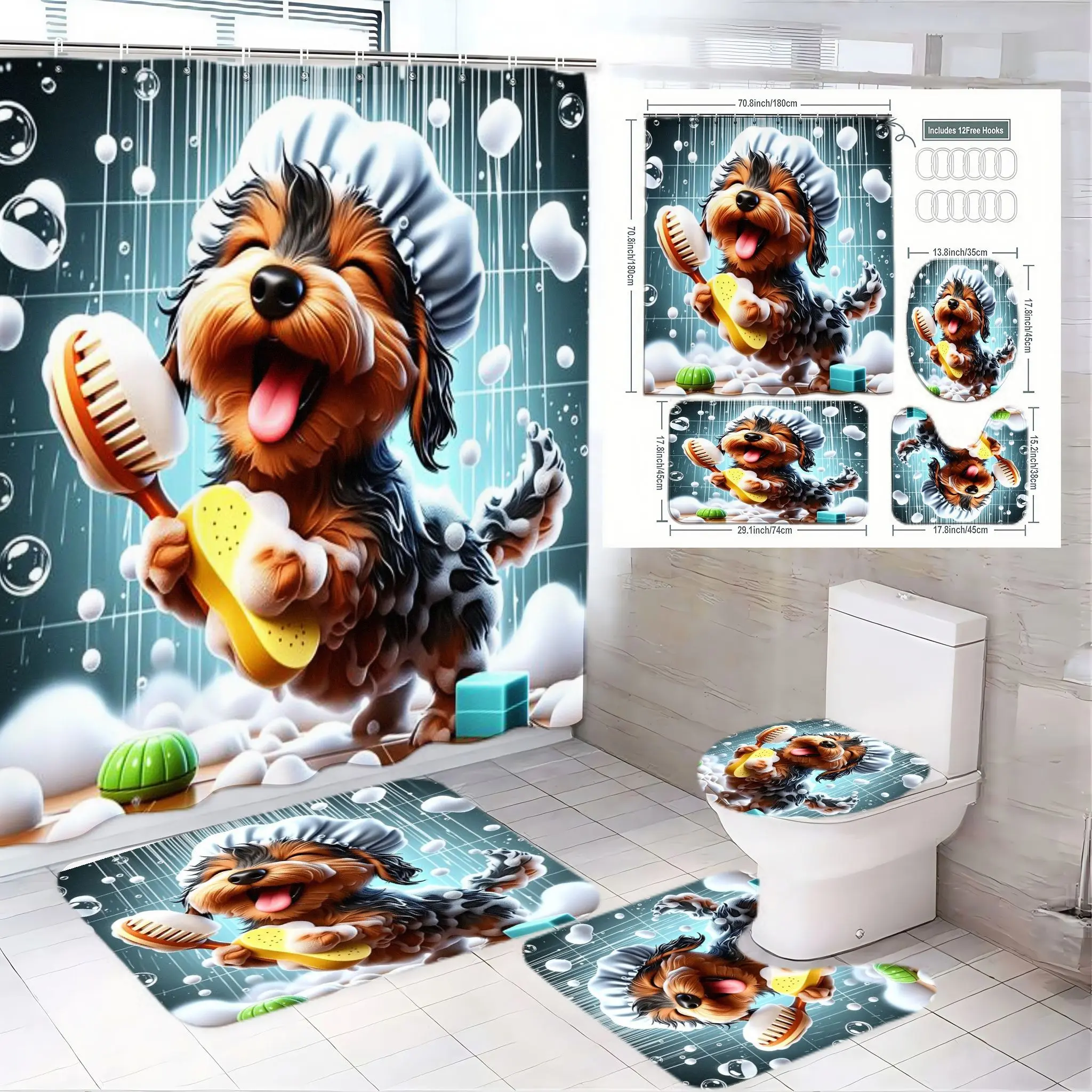 4pcs Cute Yorkshire Terrier Shower Curtain Set, The floor mat fabric is thicker and softer! Adorable Cartoon Dog Design, Ideal for Pet Owners, Enhances Bathroom Aesthetics, Shower Essentials, Bath Accessories