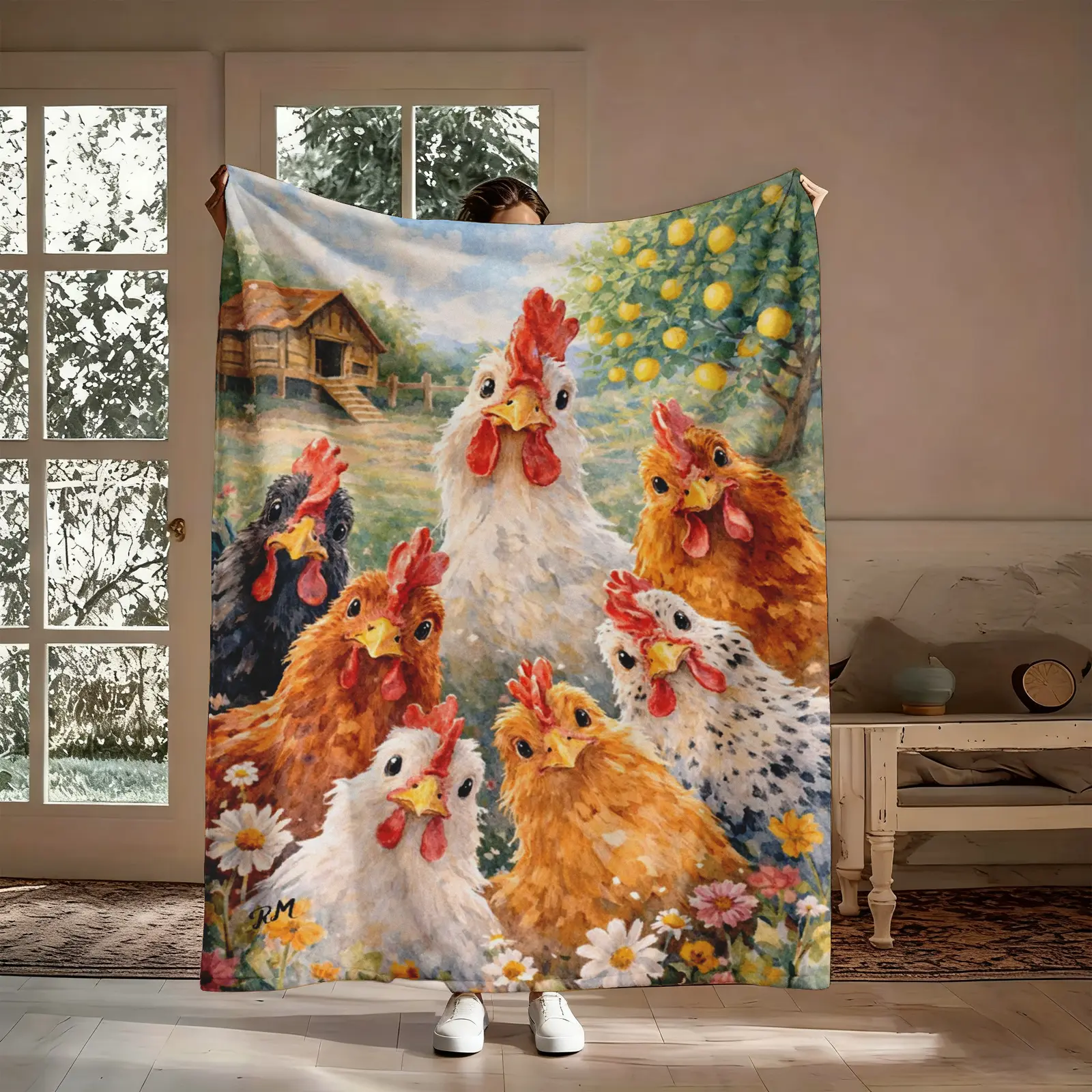 Cute Chicken Flannel Throw Blanket - Lightweight Warm, Farmhouse Style with Rooster, Hen, Coop & Lemon Tree Oil Painting Pattern, Couch Decor, Rustic Country Gift for Chicken Lovers, Lightweight Warm Blanket