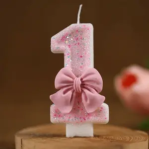 Pink Bow Design Glitter Finish Number Shape Candle - 1pc Cute Digit Birthday Cake Topper, Ideal Party Decor for Birthdays, Graduations, Festivals & Girl's Celebration, Party Decoration Ornaments, Cake Decoration Supplies