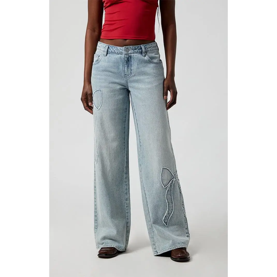 Pacsun Women's Casey Bow Low Rise Baggy Jeans Light Indigo