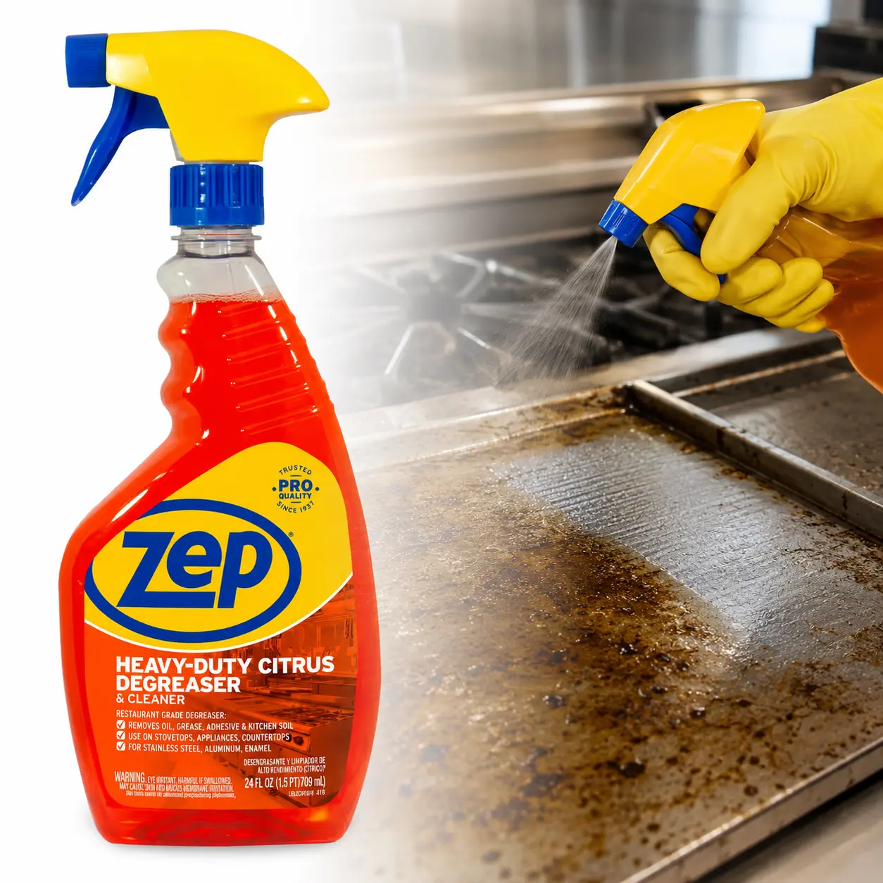 ZEP 24 oz Heavy-Duty Citrus Degreaser,citrus cleaner,grease soils,kitchen grease,cooking oil,glue residue,backsplash,range hood,prep tables,fryer outside,grill exterior,trash area,shop counters,full strength,half strength,quick rinse,spot test,paint test