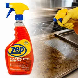 ZEP 24 oz Heavy-Duty Citrus Degreaser,citrus cleaner,grease soils,kitchen grease,cooking oil,glue residue,backsplash,range hood,prep tables,fryer outside,grill exterior,trash area,shop counters,full strength,half strength,quick rinse,spot test,paint test
