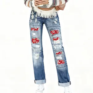Christmas Series Ripped Print Women's Autumn Winter Straight Jeans