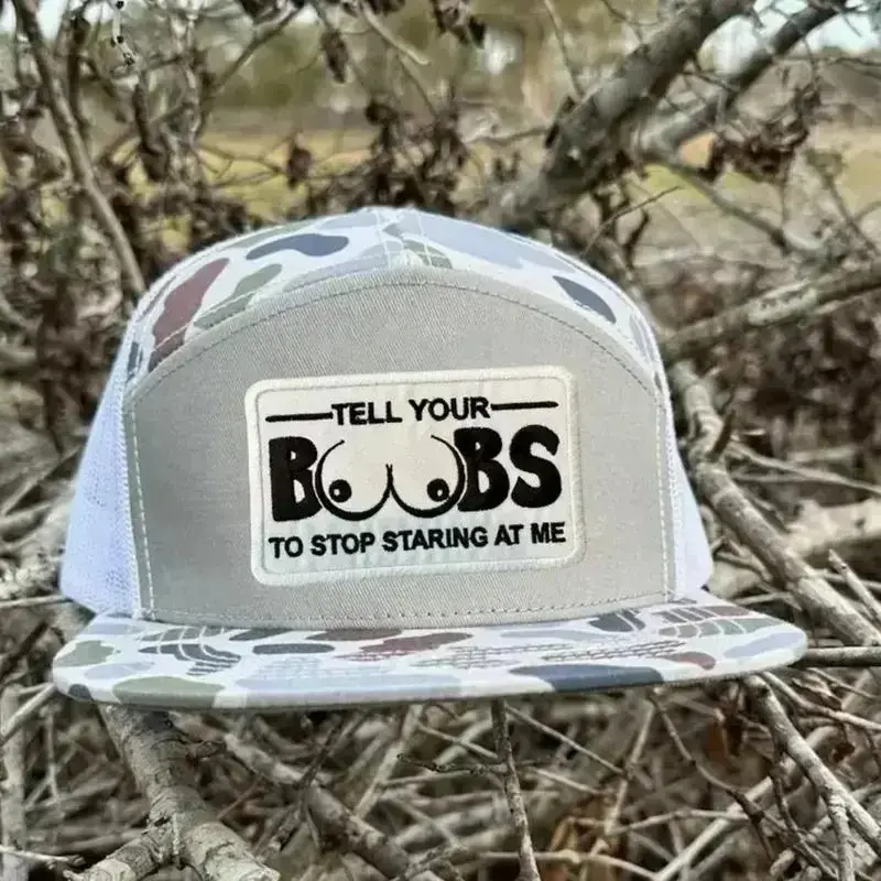 Funny Trucker Hat Tell Your Boobs to Stop Staring at Me, 7 Panel Mesh Snapback Flat Bill Cap,  Gift for Men