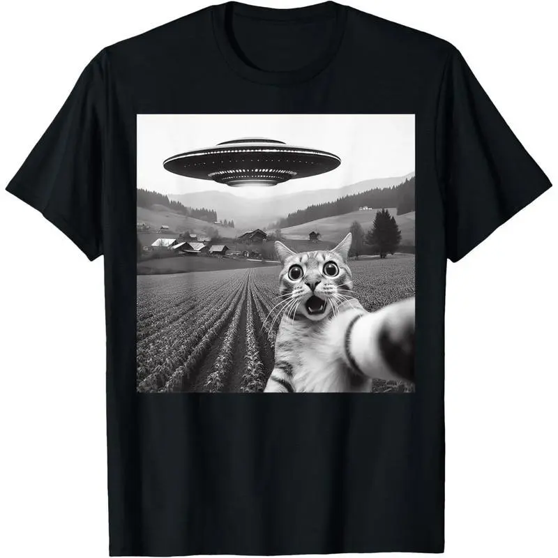 Men's Short-Sleeve Basic Casual Streetwear Sportswear T-Shirt, Funny Cat Selfie With Alien UFO Design, Ideal Gift For Men, Shortsleeve, Print, Tops, Breathable