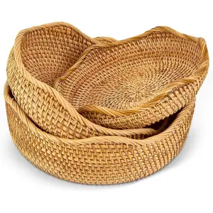 3 Pack Natural Rattan Round Fruit Basket Bowls,Rattan Bread Basket,Woven Serving Basket Bowls,Organizing Handmade Rattan Storage Baskets for Kitchen, Home, set of 3 Size