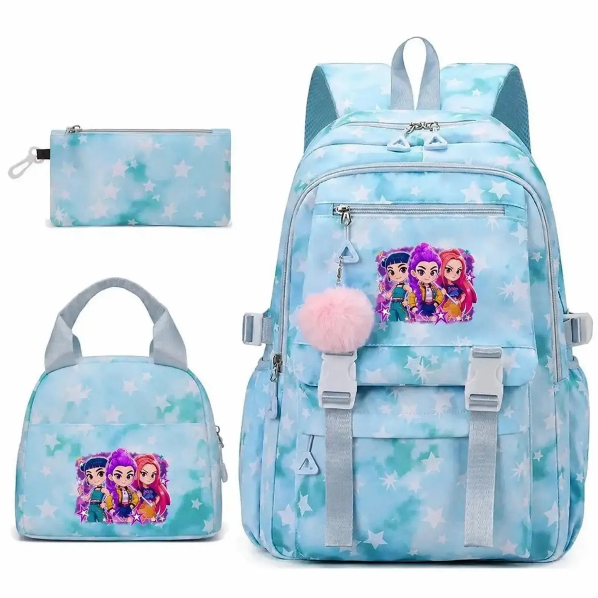 3-Piece Pink Blue Tie Dye Star Print Backpack Set, Cute Cartoon Character Student Bookbag with Insulated Lunch Bag and Zipper Pencil Case for Girls School Travel