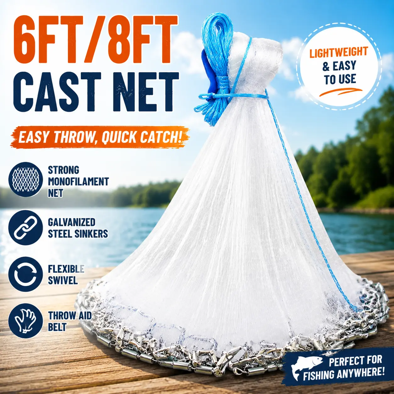 6FT,8FT Radius Hand Throw Fishing Cast Net, Heavy Duty Easy Throw Bait Casting Net with Chain Sinker, Wide Bottom Spread Mesh Fishing Trap for Outdoor Angling (3/8" Mesh),summervibers