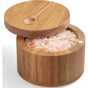 Salt Box Bowl with Lid and Spoon - Acacia Salt Cellar with 360° Swivel Lid - Salt Container Holder for Sea Salt Herbs or Favorite Seasonings, for Kitchen Decor and Accessories, 7 Ounces