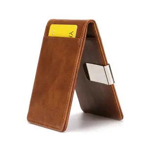 Money Clip, Slim RFID Card Wallet for Men with Money Clip, PU Leather Minimalist Credit Card Holder, Compact Vintage Style Wallet with Stainless Steel Cash Clip