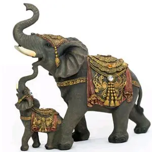 Polyresin Motherhood Mama and Baby Elephant Sculpture Set Pair - Trunk-Up Lucky Figurine, Mother's Day Gift, Home Decor Ornament
