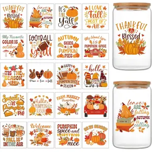 Fall UV DTF Cup Wrap - 20 Sheets Hello Fall Tis the Season Rub on Transfers for Crafting UV DTF Cup Wraps for 16 OZ Hello Pumpkin Season Autumn Harvest Cup Wrap Transfer Stickers for Glass Wood Crafts