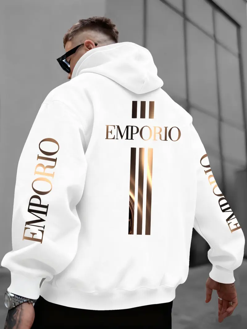 Emporio Gold Graphic Oversized Hoodie | White Streetwear Hoodie with Luxury Brand-Inspired Print | Trendy Outfit for Fashion & Streetwear Enthusiasts | Comfortable & Stylish