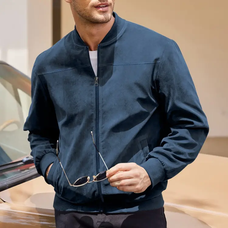 Men’s vintage suede baseball jacket with ribbed cuffs, versatile solid-color casual top for commuting backtoschool