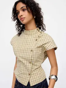 Cider Plaid Stand Collar Tie Back Blouse