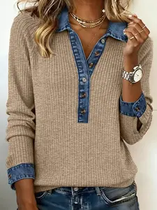 Women's Casual V-Neck Button Up Ribbed Sweater with Denim Collar and Cuffs Long Sleeve Pullover Top