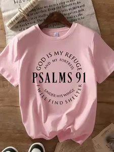 Women's Crew Neck Short Sleeve Tee PSALMS 91 Bible Verse Print Multiple Colors Available Oversized Flattering Fit Soft Breathable Cotton Blend Washable No Shrink No Fade All-Season Versatile Base Tee for Commute Date Daily Casual