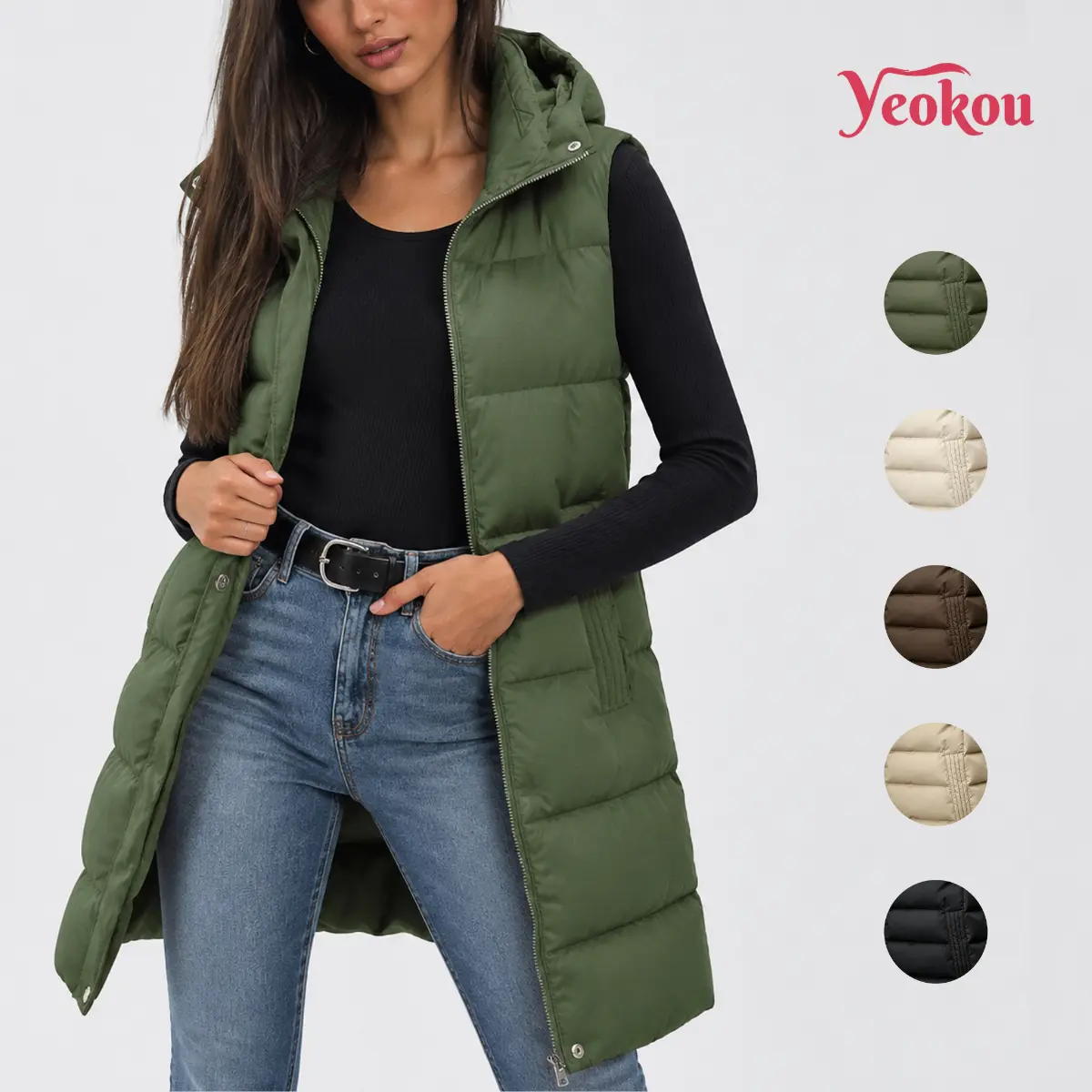 Yeokou Women's Long Nylon Padded Puffer Vest - Casual Lightweight Fitted Sleeveless Outerwear with Removable Hood, Zipper, Pockets, Classic Athletic Solid Design