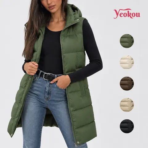 Yeokou Women's Long Nylon Padded Puffer Vest - Casual Lightweight Fitted Sleeveless Outerwear with Removable Hood, Zipper, Pockets, Classic Athletic Solid Design