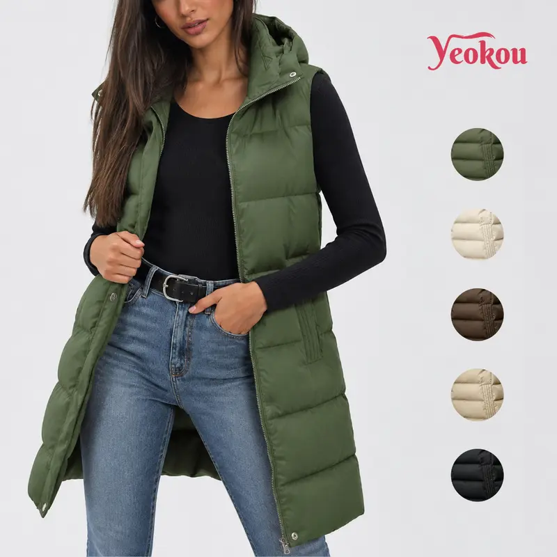Yeokou Women's Long Nylon Padded Puffer Vest - Casual Lightweight Fitted Sleeveless Outerwear with Removable Hood, Zipper, Pockets, Classic Athletic Solid Design