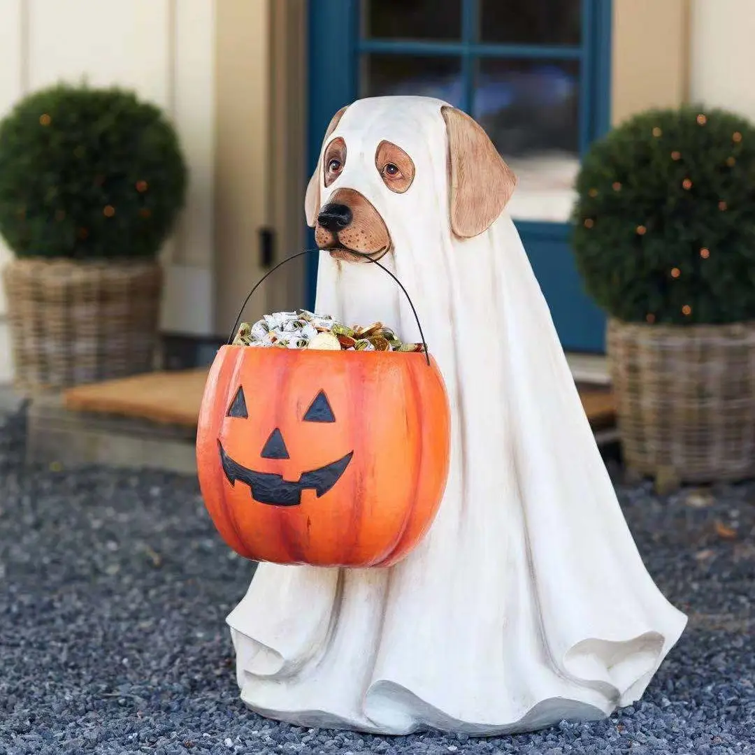 Cute Dog Carrying Pumpkin Resin Statue, New Halloween Decoration, Home Office Decor, No Power Needed, Decorative Sculptures Perfect for Fall Festivities
