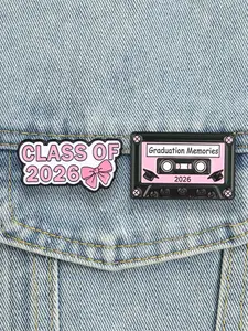2PCS Graduation Memories 2026 Retro Cassette Tape Enamel Pin Class Of 2026 Pink Bow Brooch Suitable for Backpacks, Jeans, Scarves, Hats Decoration, Trendy All-match & Exquisite Brooch Graduation Season Jewelry Gifts