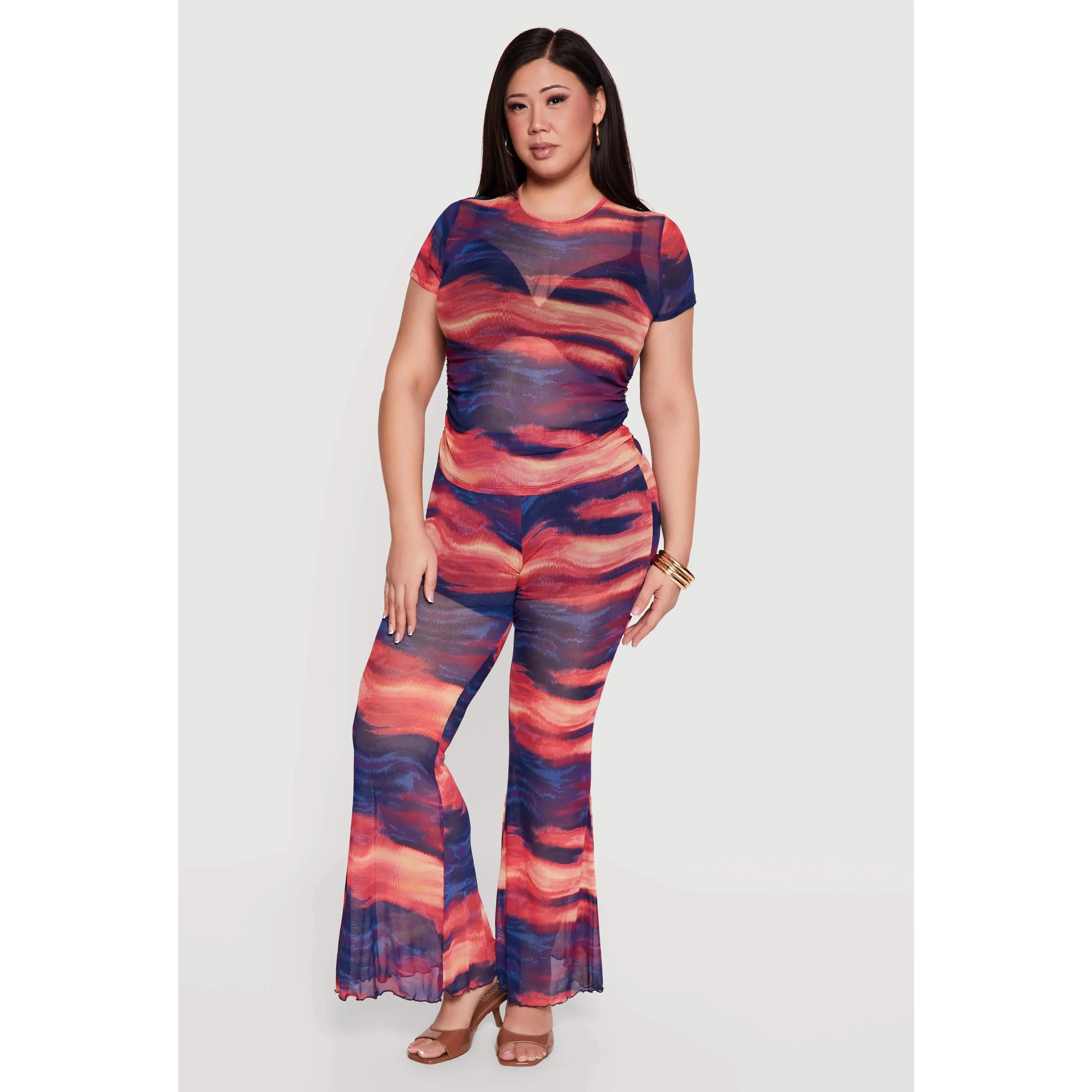 Plus Size Printed Pattern Flare Leg Mesh Pants