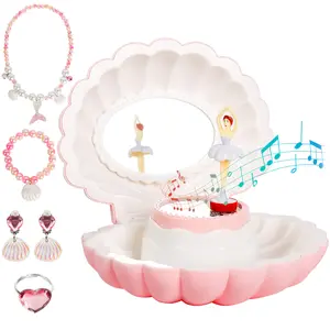 Pink & White Decorative Ballerina Musical Jewelry Box with Mirror, Shell Design, LED Light, Storage Space, Jewelry Holder - Kids' Birthday Gift for Home, Festive Party Supplies