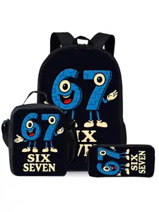 3-Piece Digital 67 Cartoon Backpack Set - Cool Number Print School Bag with Lunch Box & Pencil Case - Fun Student Bookbag for Kids & Teens